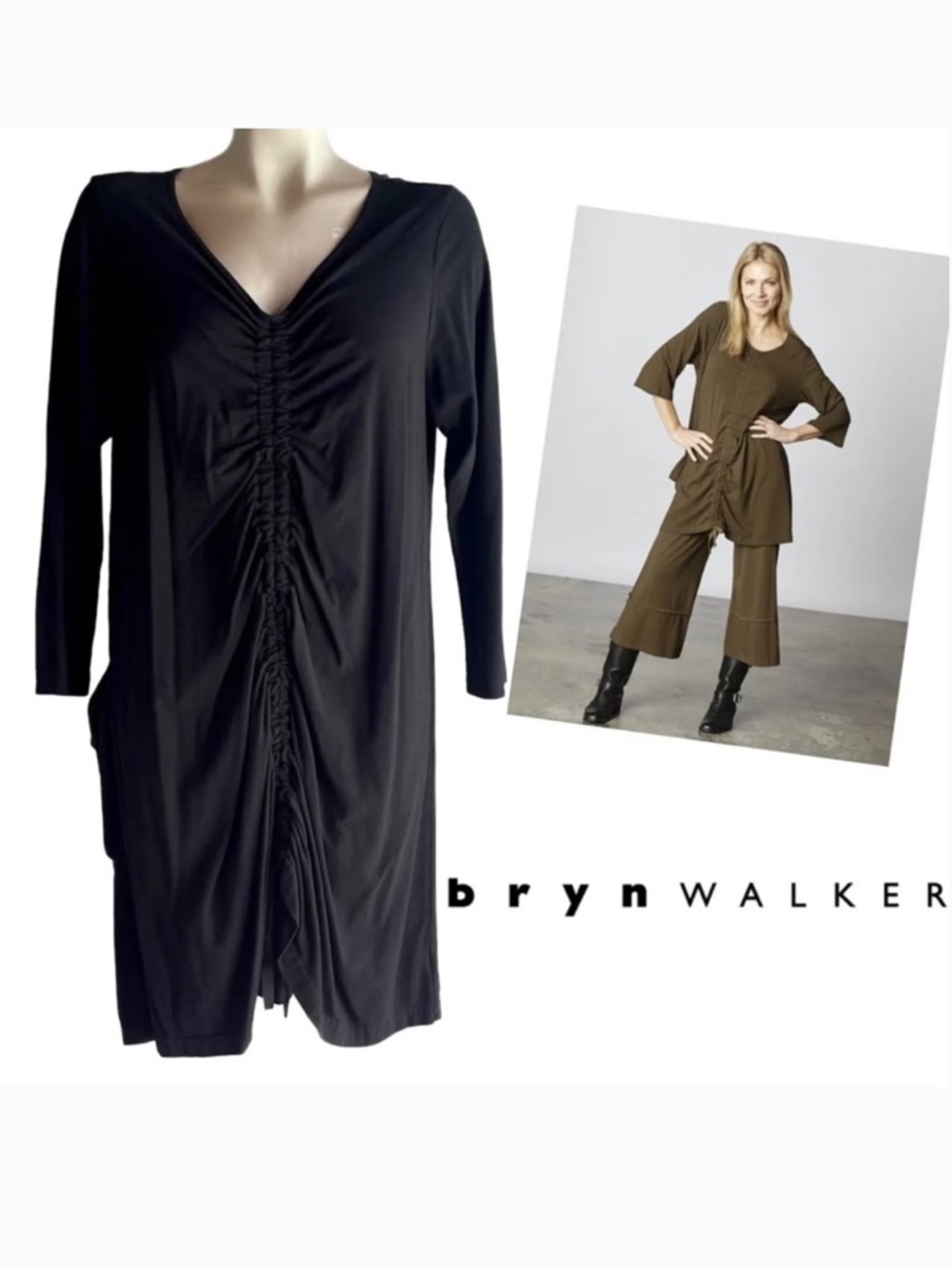 BRYN WALKER BLACK RUCHED JERSEY JOSIE TUNIC STRAIGHT SHIFT DRESS SZ XS - Picture 7 of 7